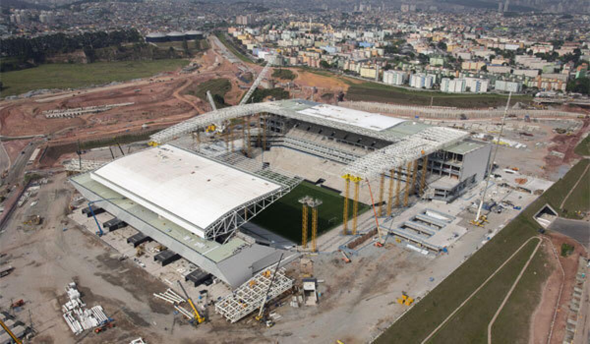 The Corinthians Arena in Sao Paulo, shown in October, was nearly completed before a fatal crane accident killed two workers.