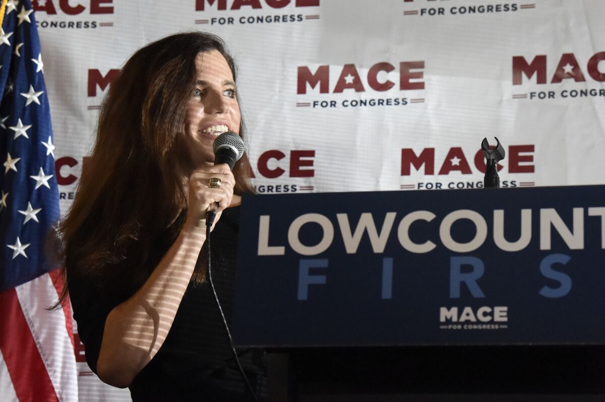 FILE - In this Sept. 21, 2020, photo U.S. House candidate Nancy Mace speaks at a campaign event in North Charleston, S.C. Mace raised more than $1 million in the first quarter of 2022, the bulk of that haul coming in the weeks after former President Donald Trump threw his backing behind one of her GOP primary opponents. (AP Photo/Meg Kinnard, File)