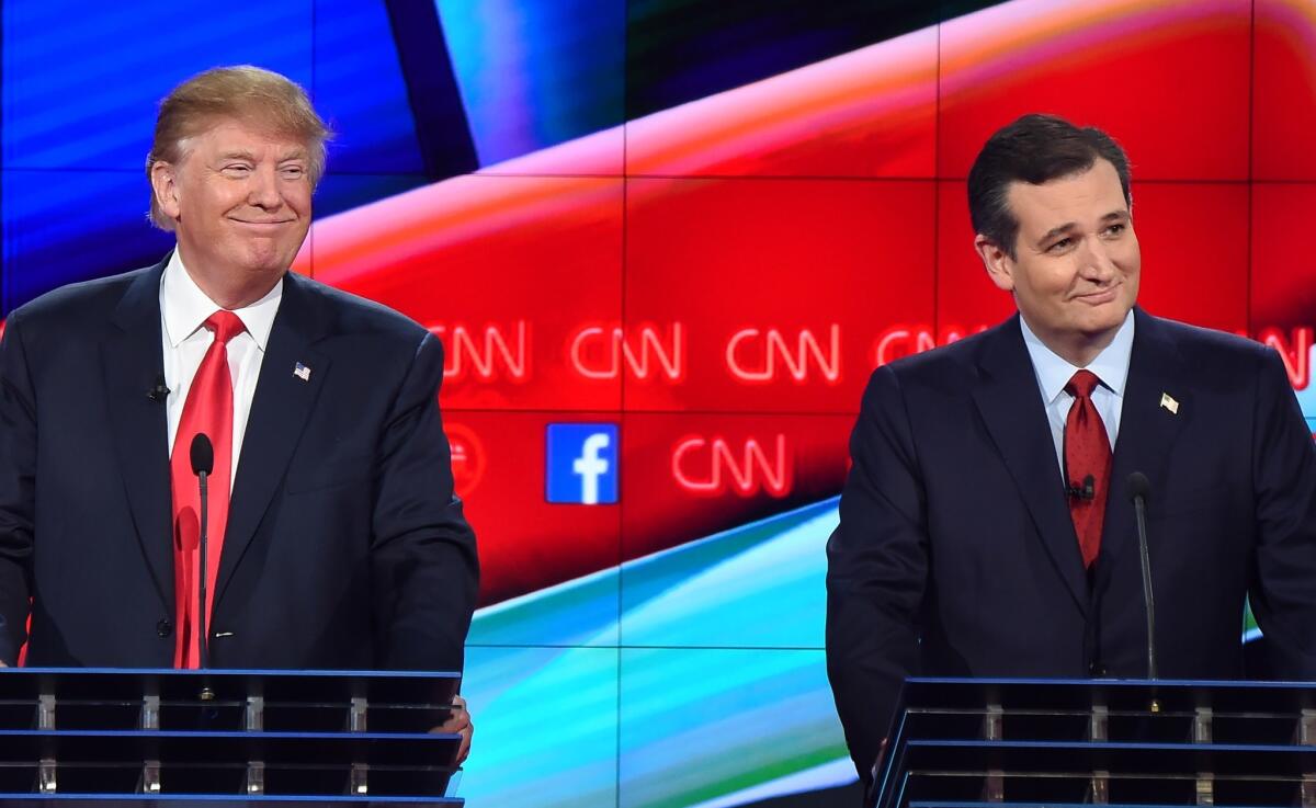 Donald Trump, left, and Sen. Ted Cruz at the Republican presidential debate in Las Vegas in December.