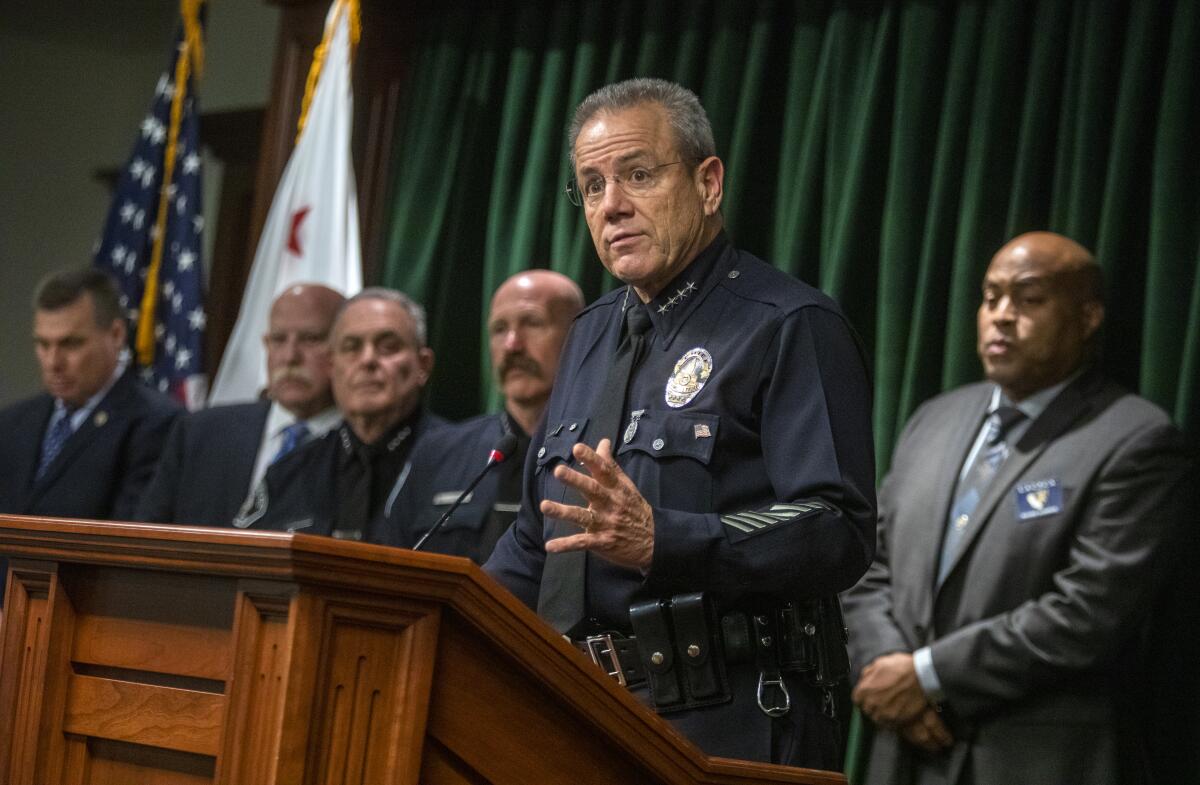 Los Angeles Police Chief Michel Moore speaks during a news conference at the Hall of Justice in L.A. on Nov. 29, 2022.