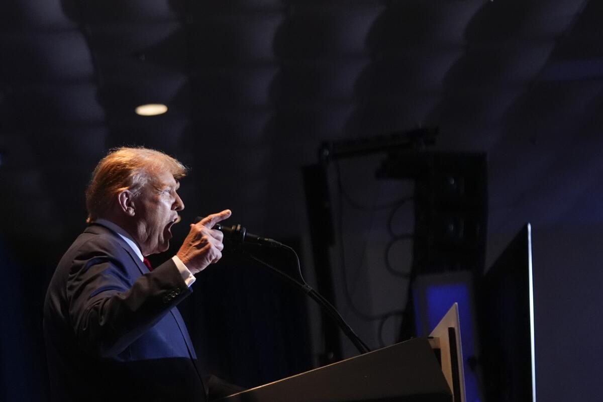 Former President Trump speaks at an primary election night party in Columbia, S.C., on Feb. 24.