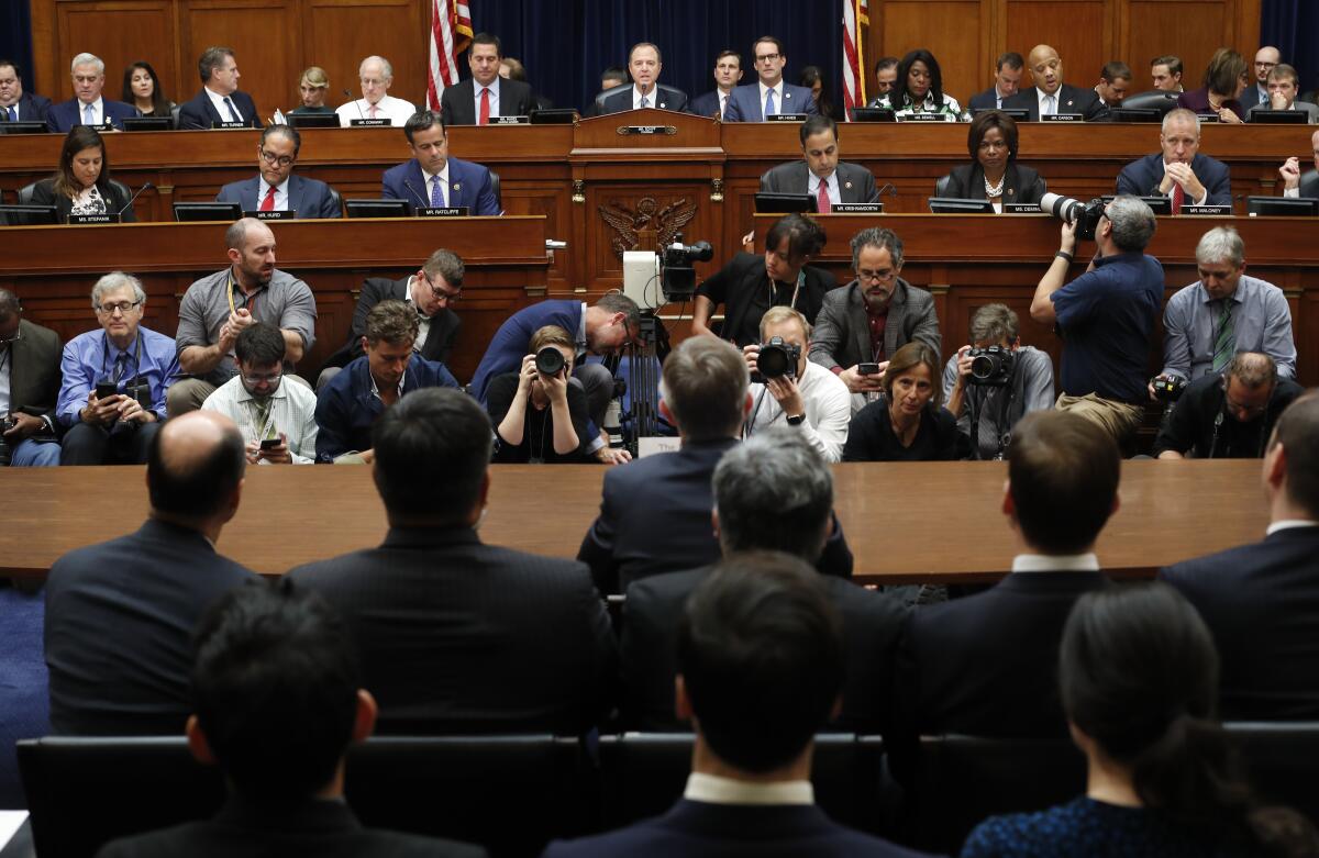 Rep. Adam Schiff (D-Burbank)., center, makes an opening statement Thursday before testimony by Acting Director of National Intelligence Joseph Maguire.