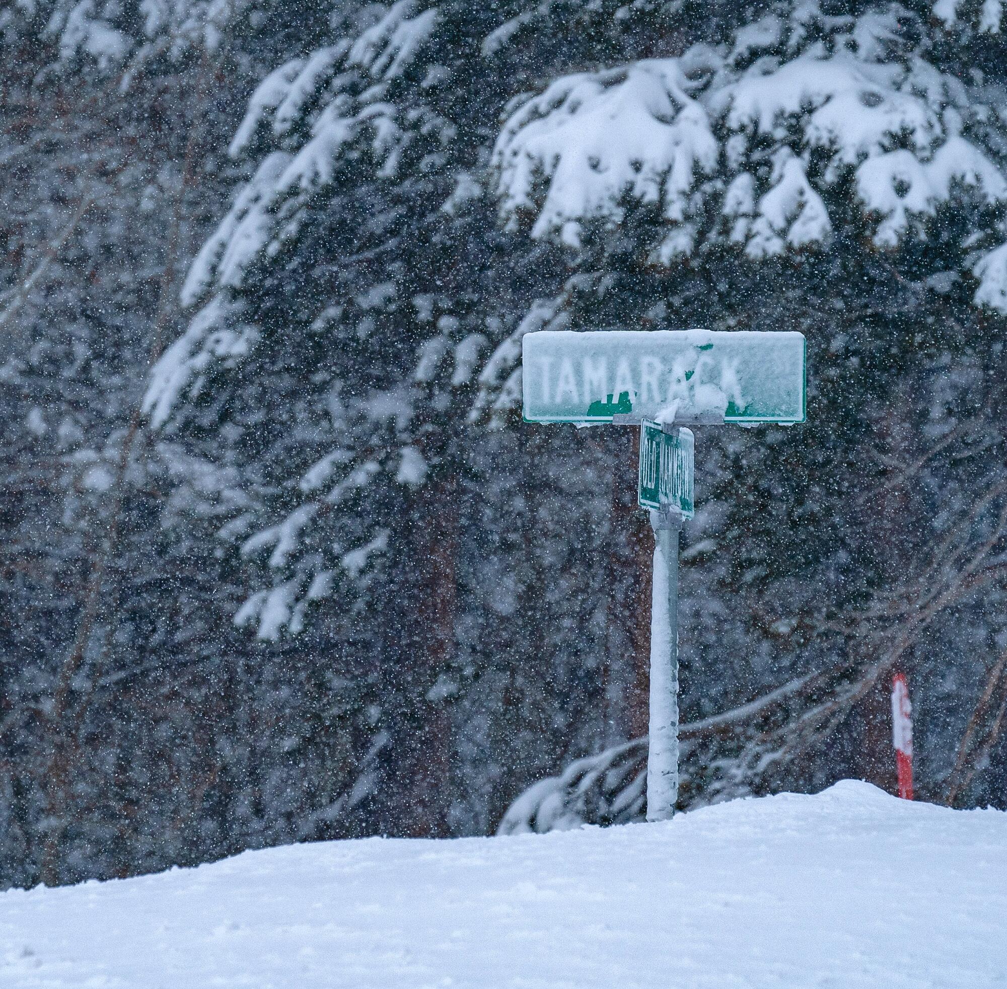 A road sign is buried in Mammoth Lakes, where the resort town has received 7 to 9 feet of new snow