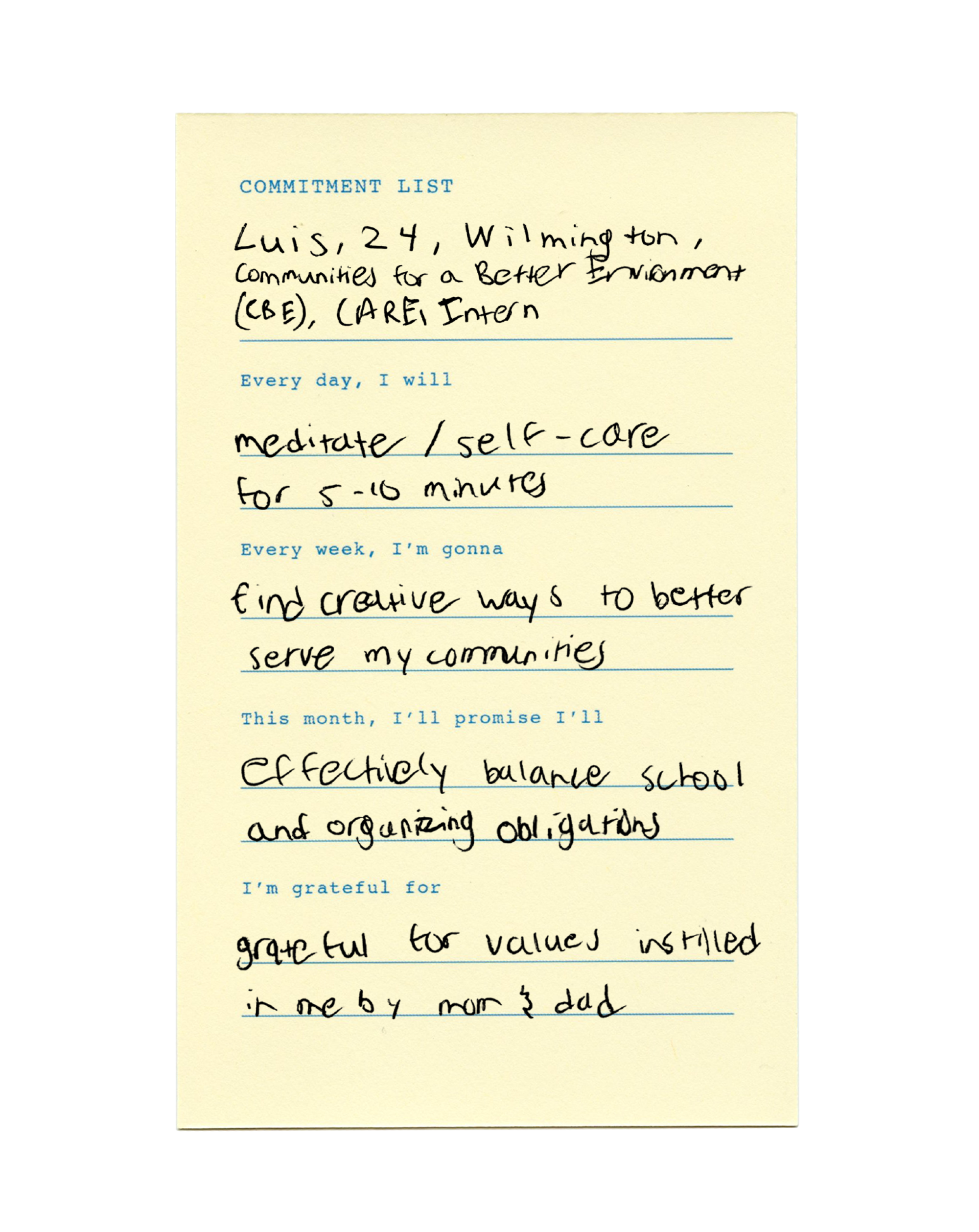 Luis Martinez's commitment list in his own handwriting includes an intention to find creative ways to serve his communities