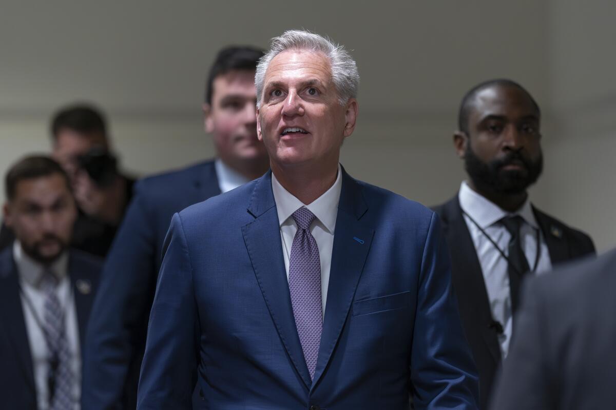Speaker of the House Kevin McCarthy arrives for a meeting with fellow Republicans at the Capitol