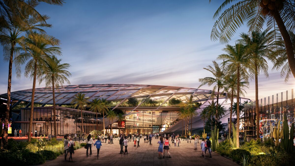 A rendering of the plaza entry of the Clippers' proposed arena in Inglewood.