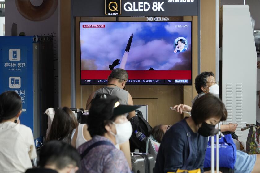 A TV screen shows an image of North Korea's missile launch during a news program at the Seoul Railway Station in Seoul, South Korea, Wednesday, July 12, 2023. North Korea launched a ballistic missile toward its eastern waters Wednesday, its neighbors said, two days after the North threatened “shocking” consequences to protest what it called a provocative U.S. reconnaissance activity near its territory.(AP Photo/Ahn Young-joon)