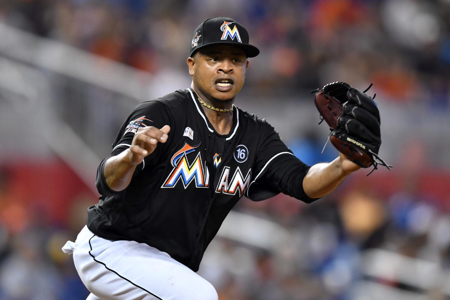 Miami Marlins' Edinson Volquez delivers a pitch during the fourth inning of a baseball game against the Arizona Diamondbacks, Saturday, June 3, 2017, in Miami. The Marlins defeated the Diamondbacks 3-0 in a no-hitter. (AP Photo/Wilfredo Lee)