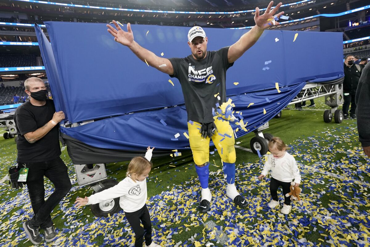 Rob Havenstein celebrates after the Rams won the NFC championship last season.