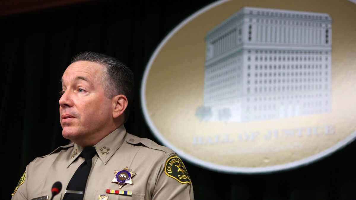 Sheriff Alex Villanueva speaks at the Hall of Justice in Los Angeles on March 6.