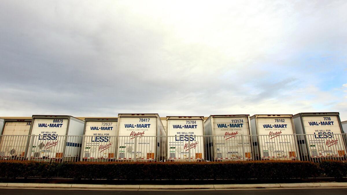 Walmart trucks line up at a warehouse in the Inland Empire in 2012.