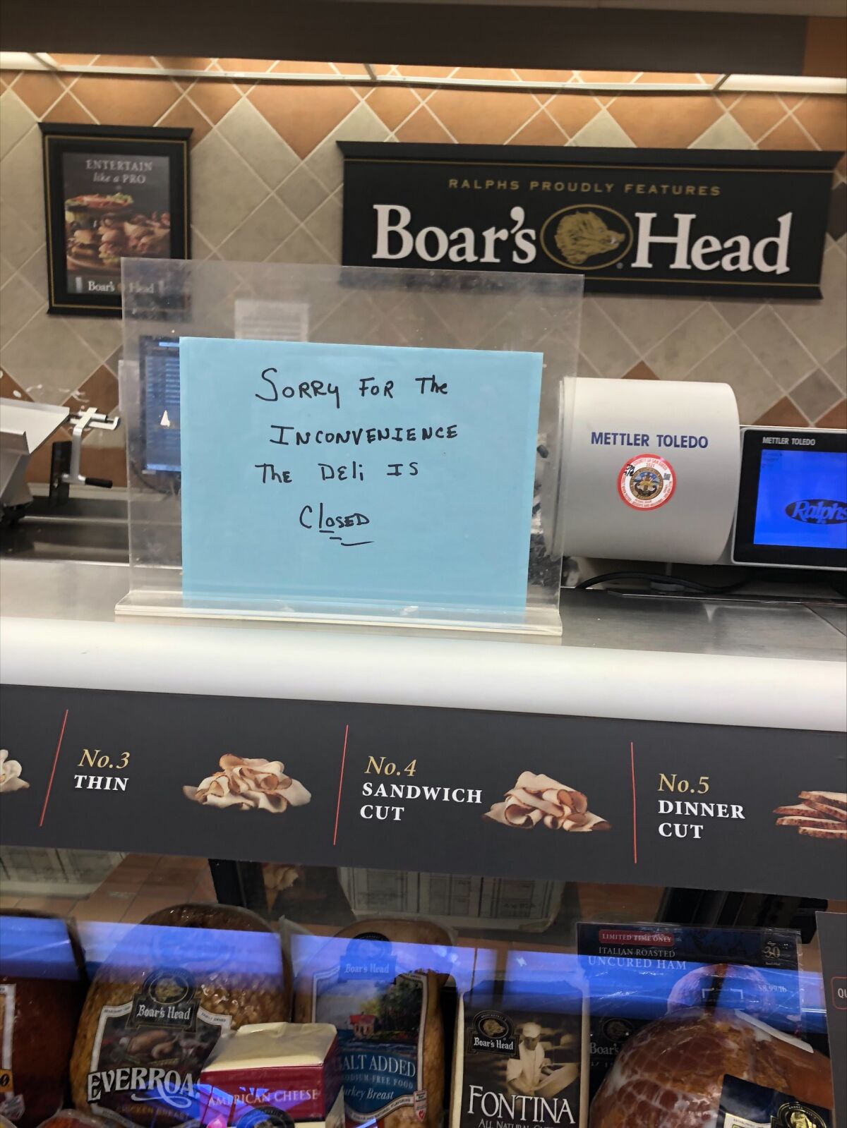 Photo of the closed deli counter at Ralphs grocery store in Oceanside, Calif. taken on Jan. 12, 2022.