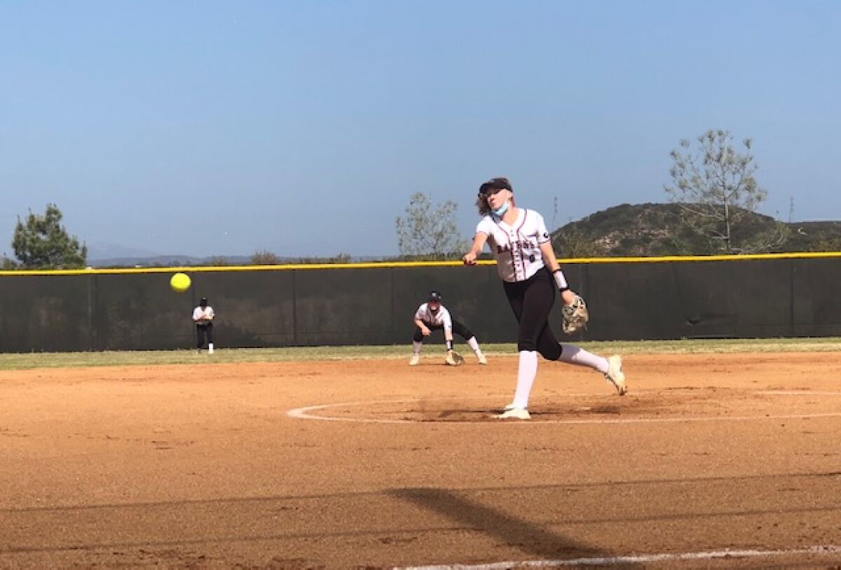Emily Bertrand struck out six in the 13-3 victory.
