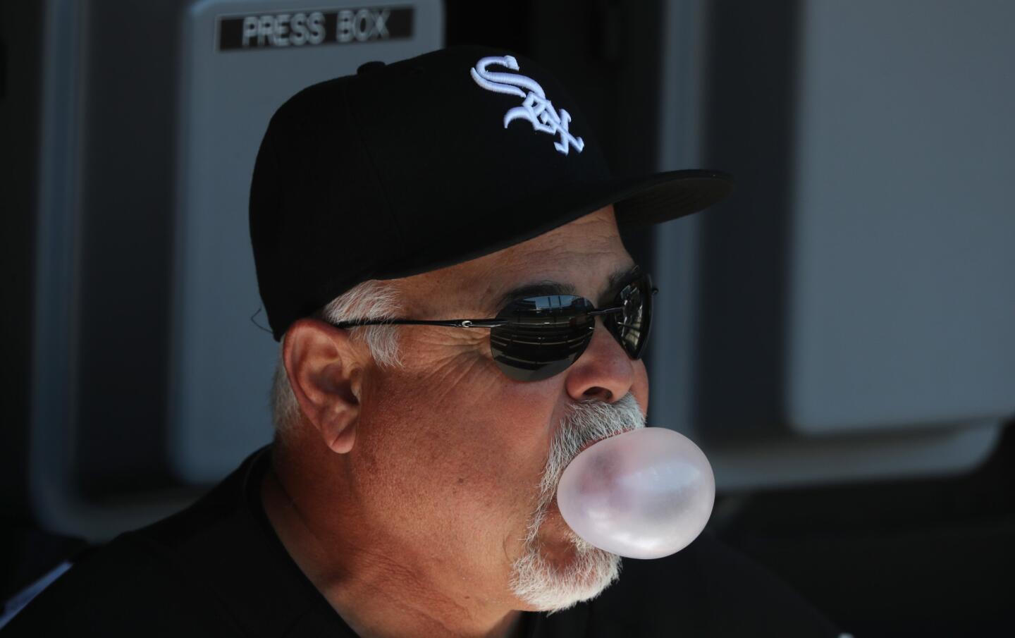 White Sox manager Rick Renteria blows a bubble before a game against the Rays at Guaranteed Rate Field on Tuesday, April 9, 2019.