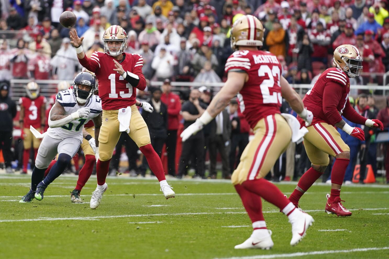Purdy's 4 TDs lead 49ers past Seahawks 41-23 in playoffs - The San
