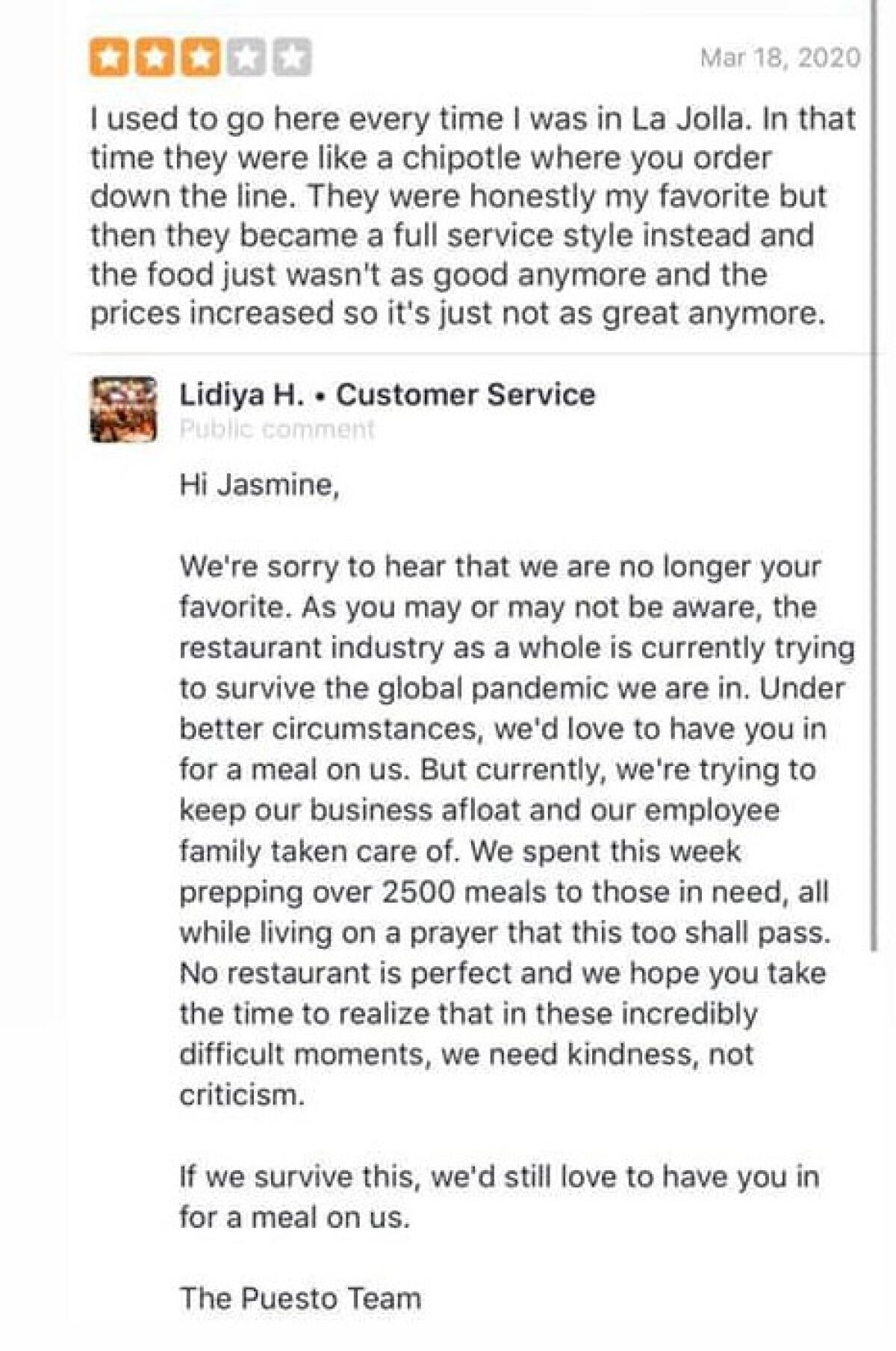 A negative Yelp review of Puesto restaurant in La Jolla 
