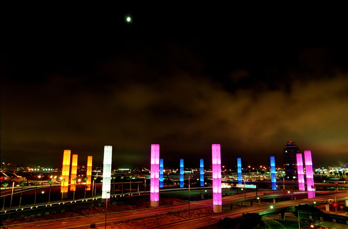 Colorful lighting system at night at the entrance to Los Angeles International Airport.