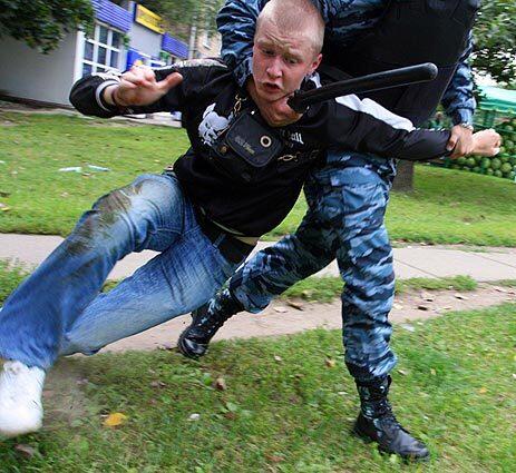 Russian riot police arrest skinheads who came to break up a demonstration organized by Moscow's gay community at a municipal administration office. Gay activists had gathered to demand that a Moscow official be removed from office.