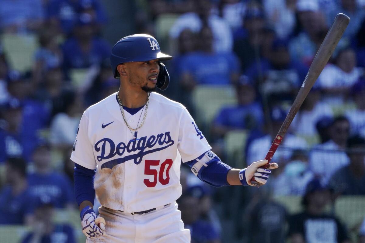 Dodgers right fielder Mookie Betts bats against the Chicago Cubs on June 27.