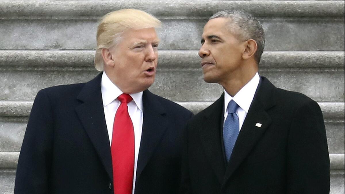 President Trump talks with former President Obama on Inauguration Day, Jan. 20, 2017.