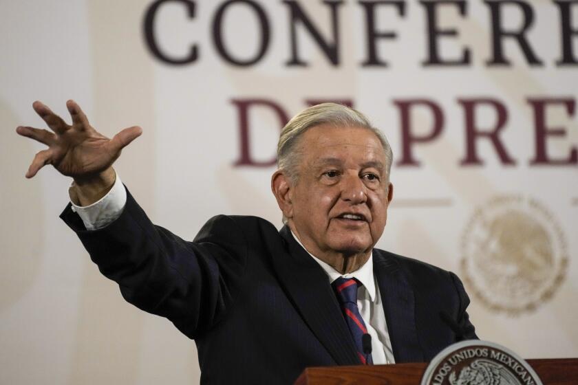 FILE - Mexican President Andres Manuel Lopez Obrador gives his regularly scheduled morning press conference at the National Palace in Mexico City, April 16, 2024. The American quarry company, Alabama-based Vulcan Materials, rejected on Monday, May 27, 2024 the Mexican president's offer to buy its property on the Caribbean coast, amid a years-long dispute. (AP Photo/Marco Ugarte, File)