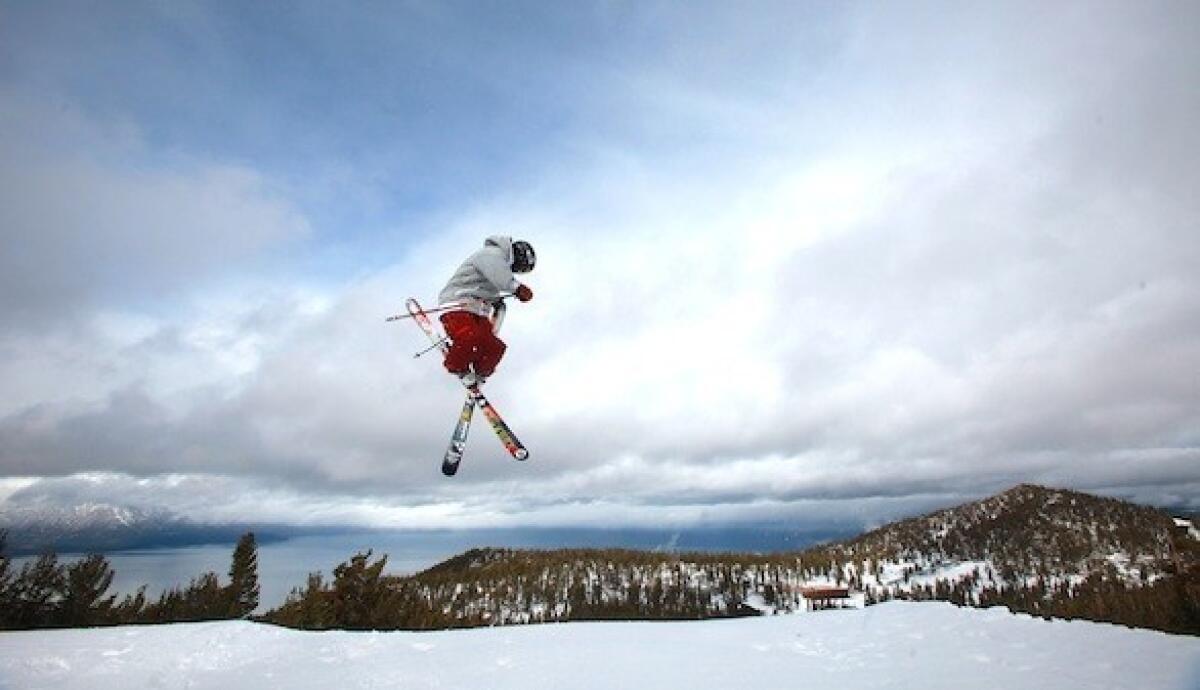 At Heavenly, Kyle Smaine jumps off a snow park feature earlier in the season at the resort in South Lake Tahoe, Calif.