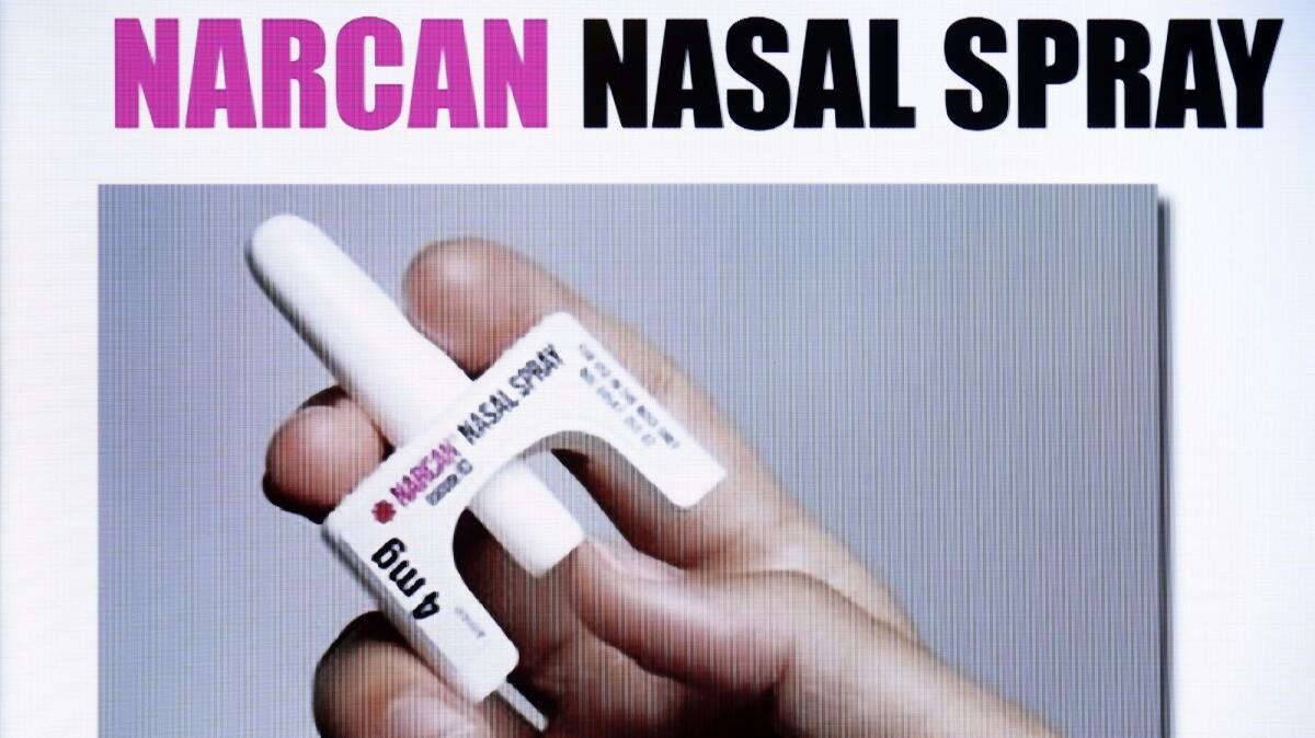 More than 1,200 doses of Narcan, a brand of nasal spray used to treat people suffering from opioid overdoses, will be distributed to three Los Angeles County sheriff's stations, as part of a pilot program.