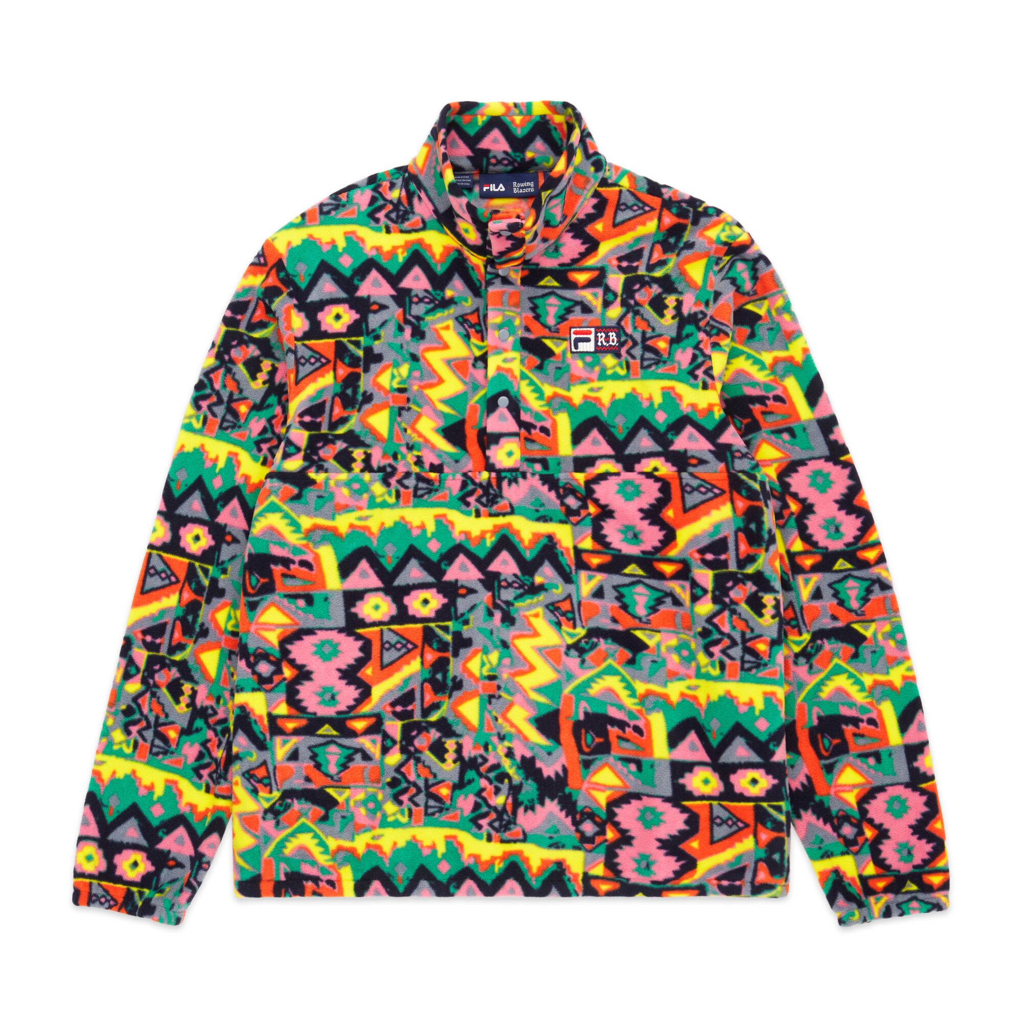 A fleece jacket with a colorful all-over print