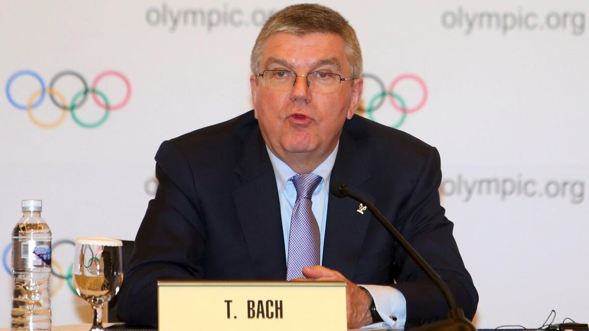 International Olympic Committee President Thomas Bach speaks after an IOC executive board meeting in Pyeongchang, South Korea, on Friday.