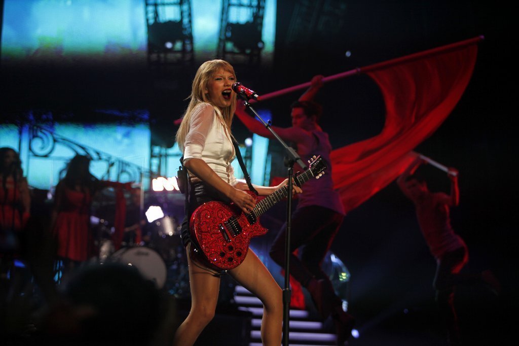 Taylor Swift plays the guitar during the first of four sold-out shows at Staples Center back in February.