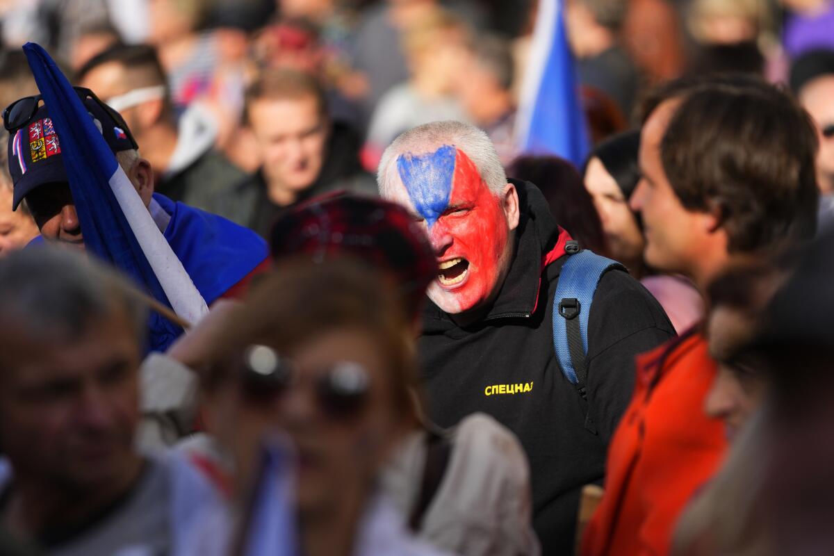 Protesters in the street in Prague, Czech Republic