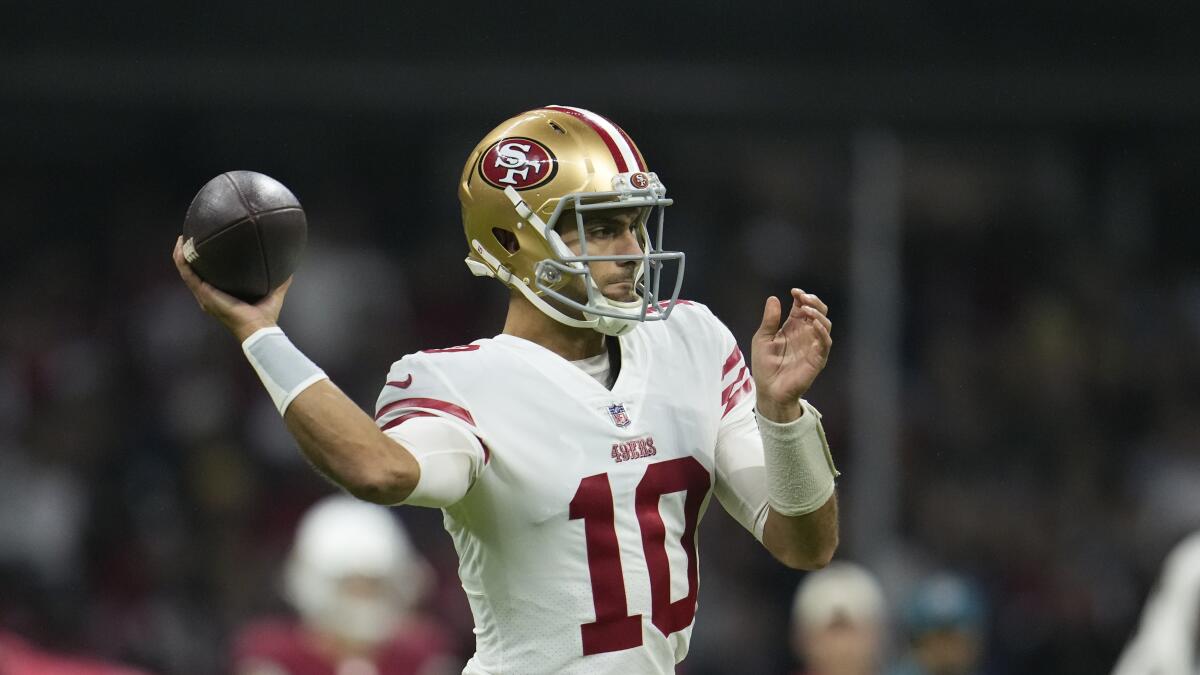 San Francisco 49ers quarterback Jimmy Garoppolo throws a pass during the first half against the Arizona Cardinals.