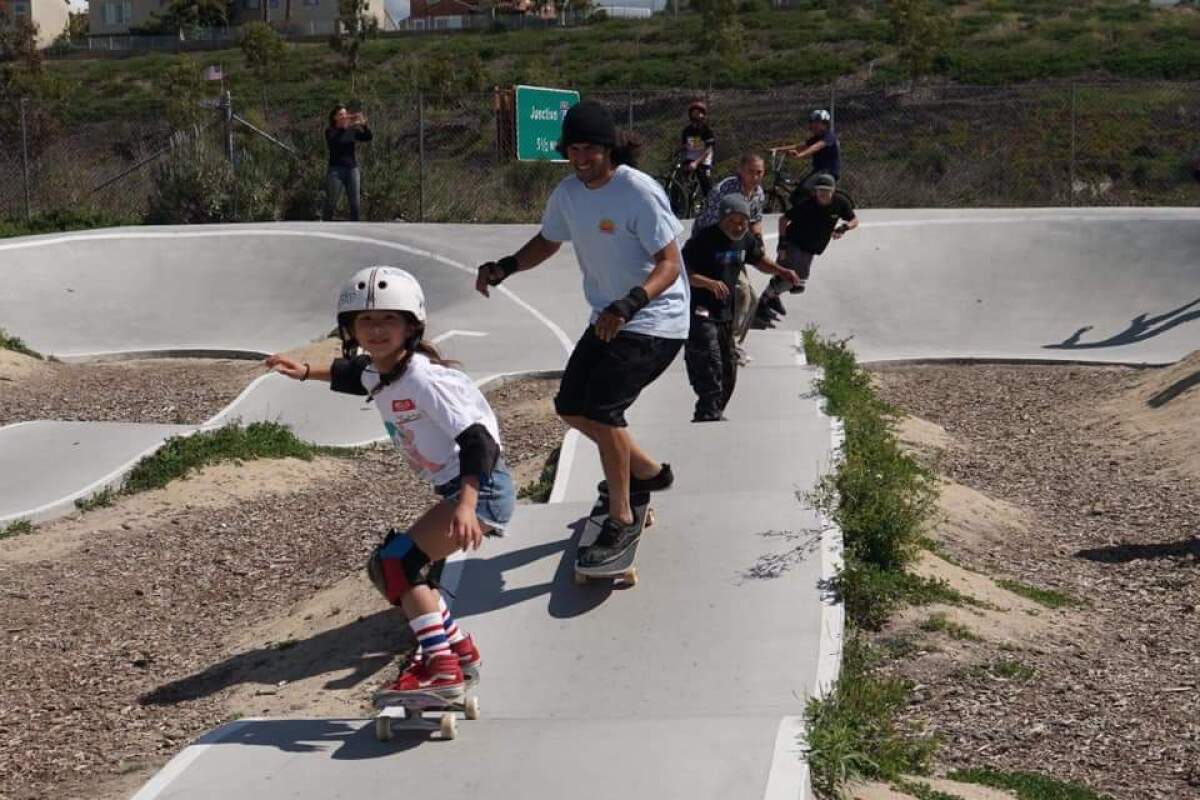 JoJo Yarbrough leads the way for Colin Cruise, Steve Caballero, Blake Sterger, and her dad Danny Yarbrough at the March 7 Skate Against ALS at the PHR pump track.