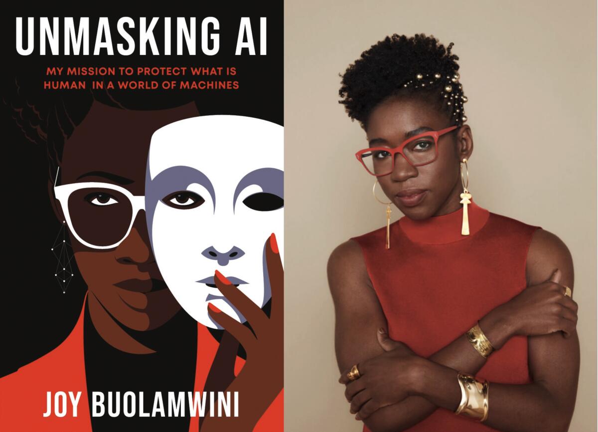 The cover of the book "Unmasking AI" next to a portrait of its author, Joy Buolamwini.