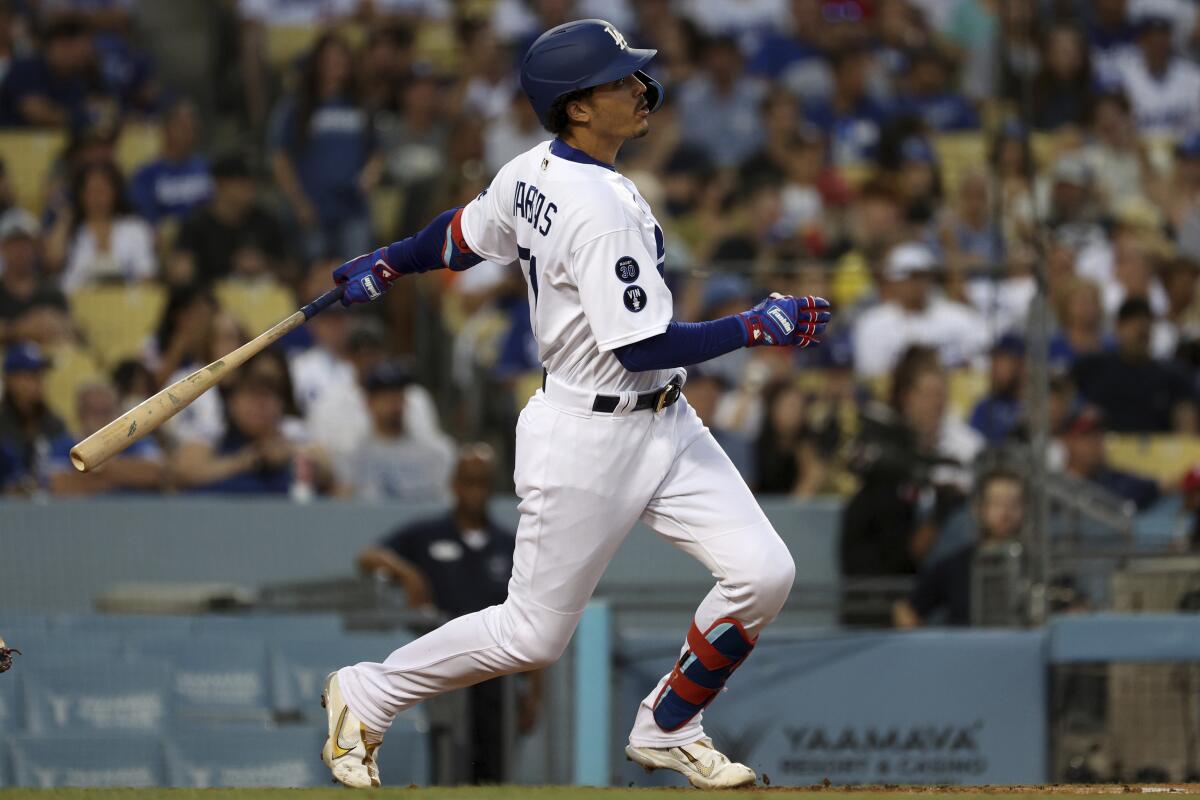 Dodgers first baseman Miguel Vargas hits a two-run home run during the second inning Saturday.