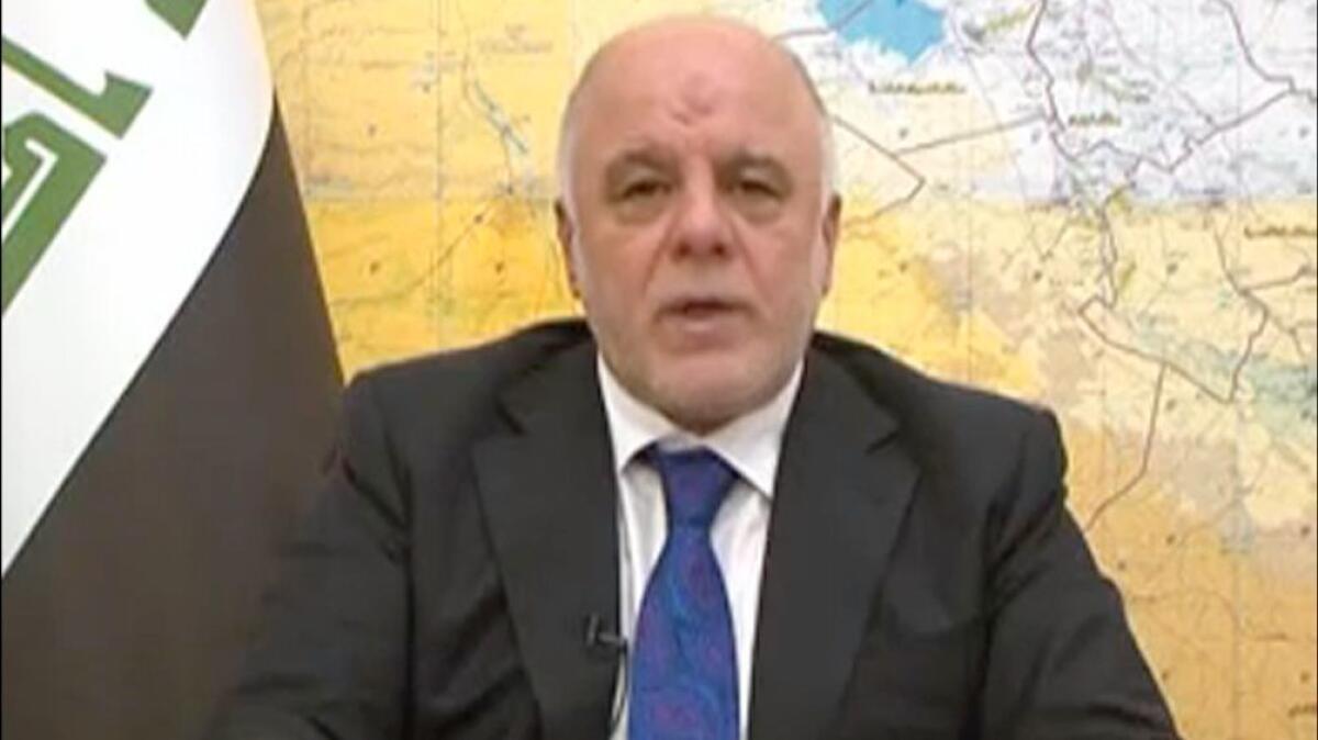 Iraqi Prime Minister Haidar Abadi, in a screen grab from a video released by his press office, announcing the launch of military operations to retake western Mosul from Islamic State on Feb. 19.