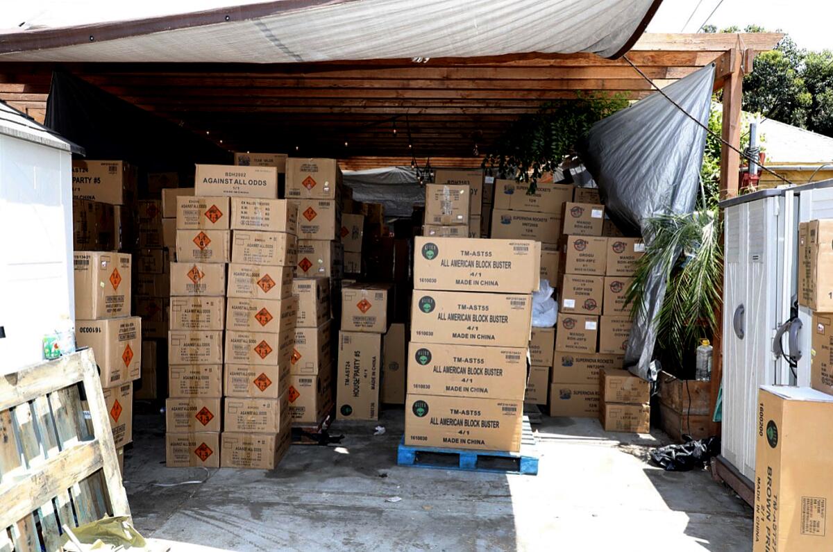Stacks of boxes of commercial fireworks found at a residence in South Los Angeles.