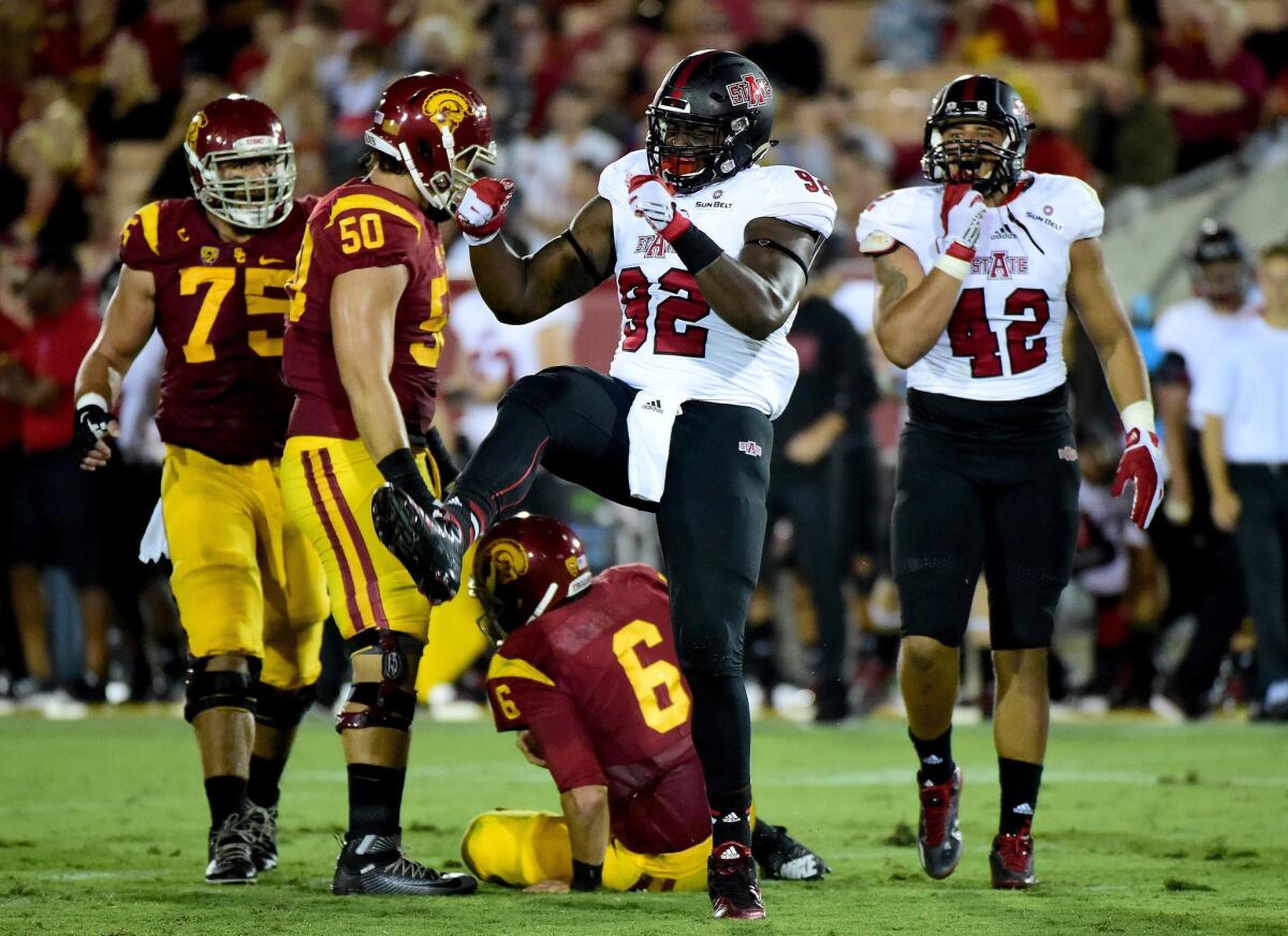USC will need to protect quarterback Cody Kessler (6) better after Arkansas State recorded five sacks against the Trojans.