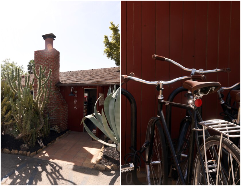 Two photos: Cactuses stand tall, left, and bicycles await guests at the Ojai Rancho Inn.
