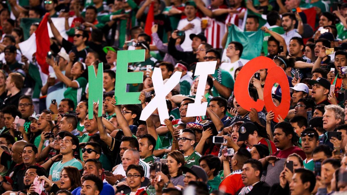 Fans of the Mexican national team cheer at the start of a friendly match between Mexico and Ireland at MetLife Stadium in East Rutherford, N.J., on June 1.