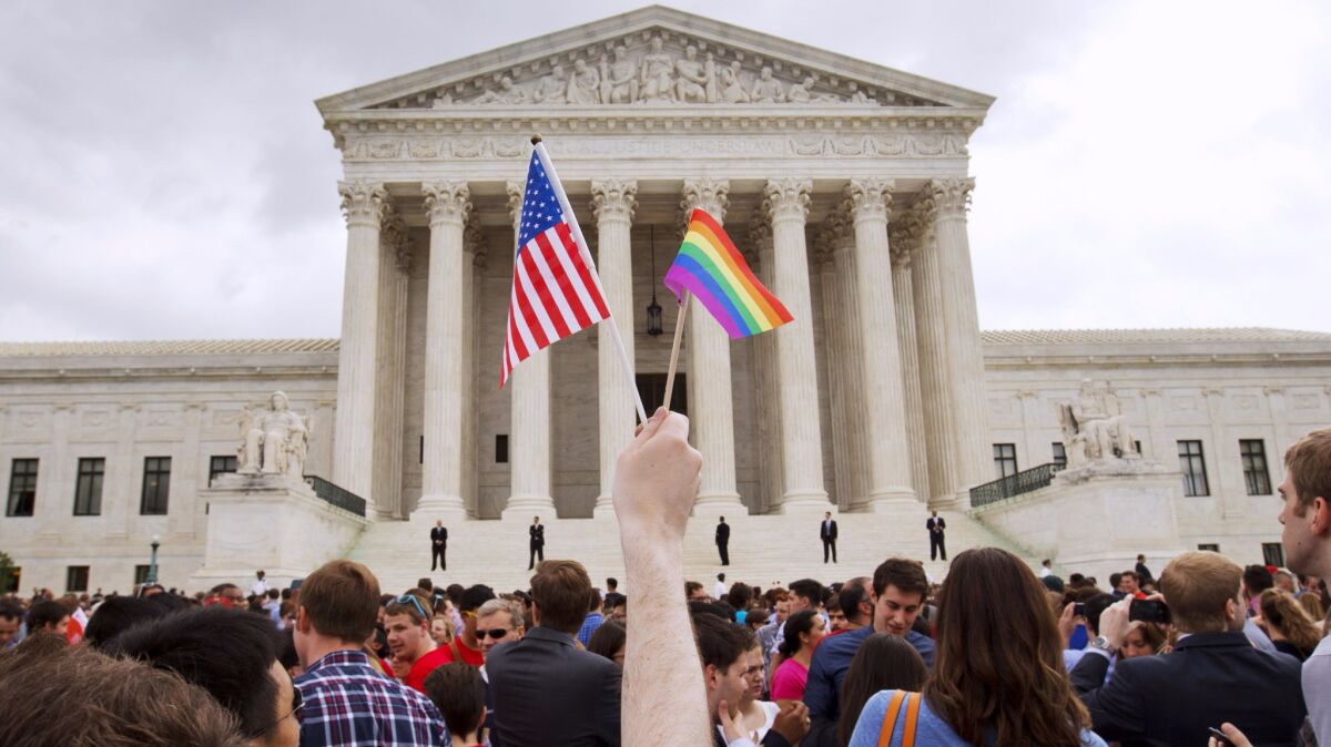 A crowd gathers outside the Supreme Court after the legalization of same-sex marriage on July 26, 2015. The last decade of high court cases has been a busy one, but the current docket doesn't look as exciting.