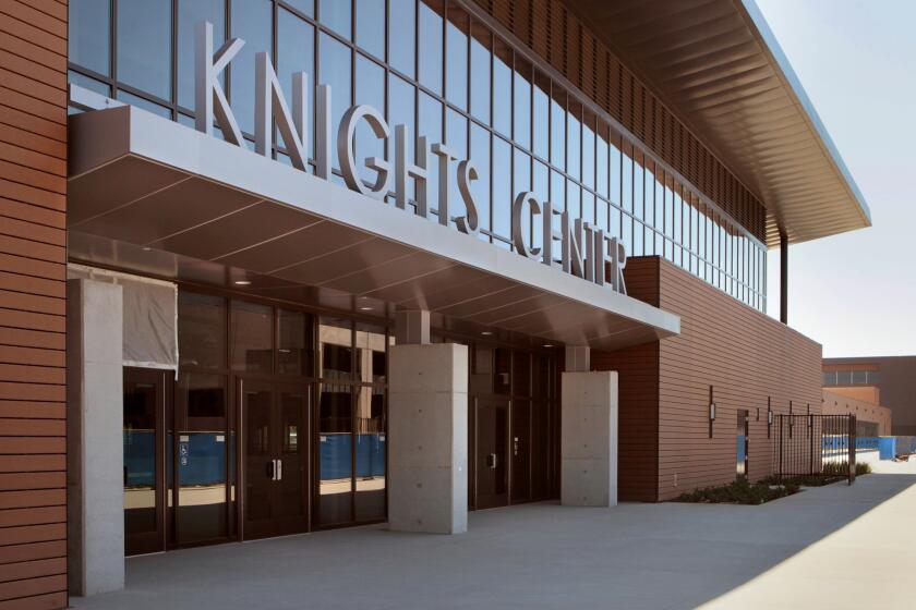 August 14, 2013, San Marcos, California, USA_| View of the front of the recently completed Knights Center gymnasium building at San Marcos High School. The school is being rebuilt.|Photo Credit: CHARLIE NEUMAN/U-T San Diego/ZUMA Press
