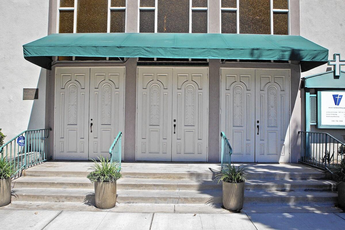 Doors into Victory Baptist Church in Burbank on Thursday, August 28, 2014. Members of the growing local church worry about being displaced by the proposed Talaria Project, as the city, they said, offers minimal zoning options for churches.