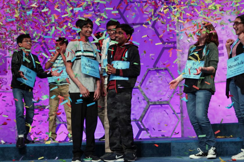 NATIONAL HARBOR, MARYLAND - MAY 30: Co-champions Sohum Sukhatankar (L) of Dallas, Texas, Saketh Sundar (3rd L) of Clarksville, Maryland, Rishik Gandhasri (5th L) of San Jose, California, and Shruthika Padhy (R) of Cherry Hill, New Jersey, celebrate as confetti drops after 20 rounds of competition and won the championship of the Scripps National Spelling Bee at the Gaylord National Resort & Convention Center May 30, 2019 in National Harbor, Maryland. The winning spellers made history with eight co-champions, the most number in the spelling event history.(Photo by Alex Wong/Getty Images) ** OUTS - ELSENT, FPG, CM - OUTS * NM, PH, VA if sourced by CT, LA or MoD **
