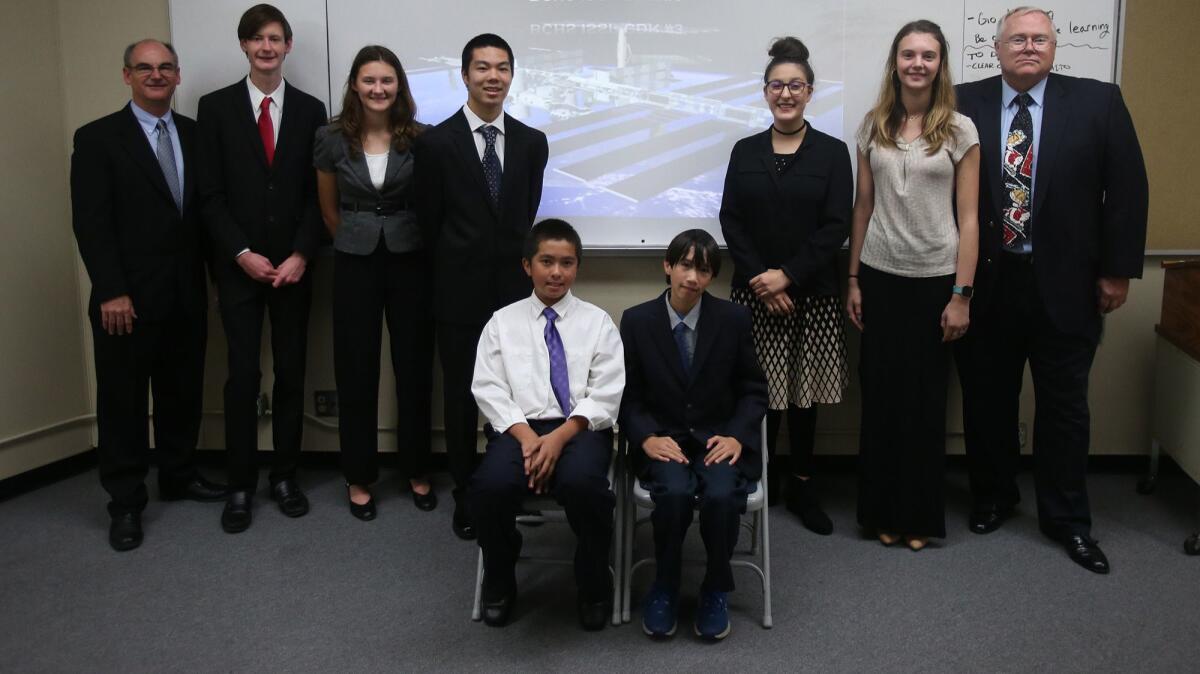 Brethren Christian’s International Space Station program members are, in the back row, mentor Rick Peterson, Colby Peterson, Paige Coultrup, Andrew Shiroma, Jessi Diment, Madison Zone and mentor Mike Donahue. In front are Nathan Ho and Kaito Ochiai, from left.