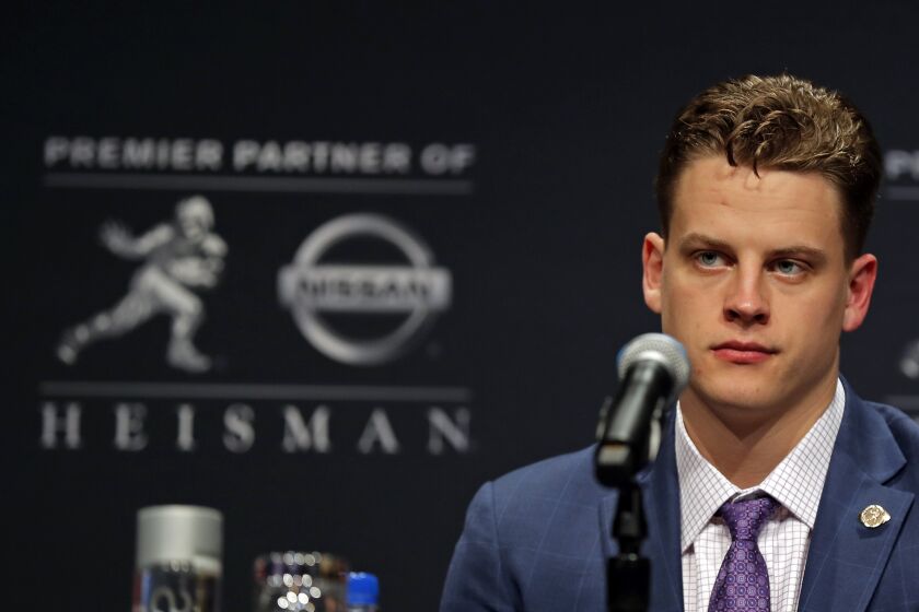 NEW YORK, NY - DECEMBER 14: A Finalist for the 85th annual Heisman Memorial Trophy quarterback Joe Burrow of the LSU Tigers speaks during a press conference on December 14, 2019 in New York City. (Photo by Adam Hunger/Getty Images) ** OUTS - ELSENT, FPG, CM - OUTS * NM, PH, VA if sourced by CT, LA or MoD **