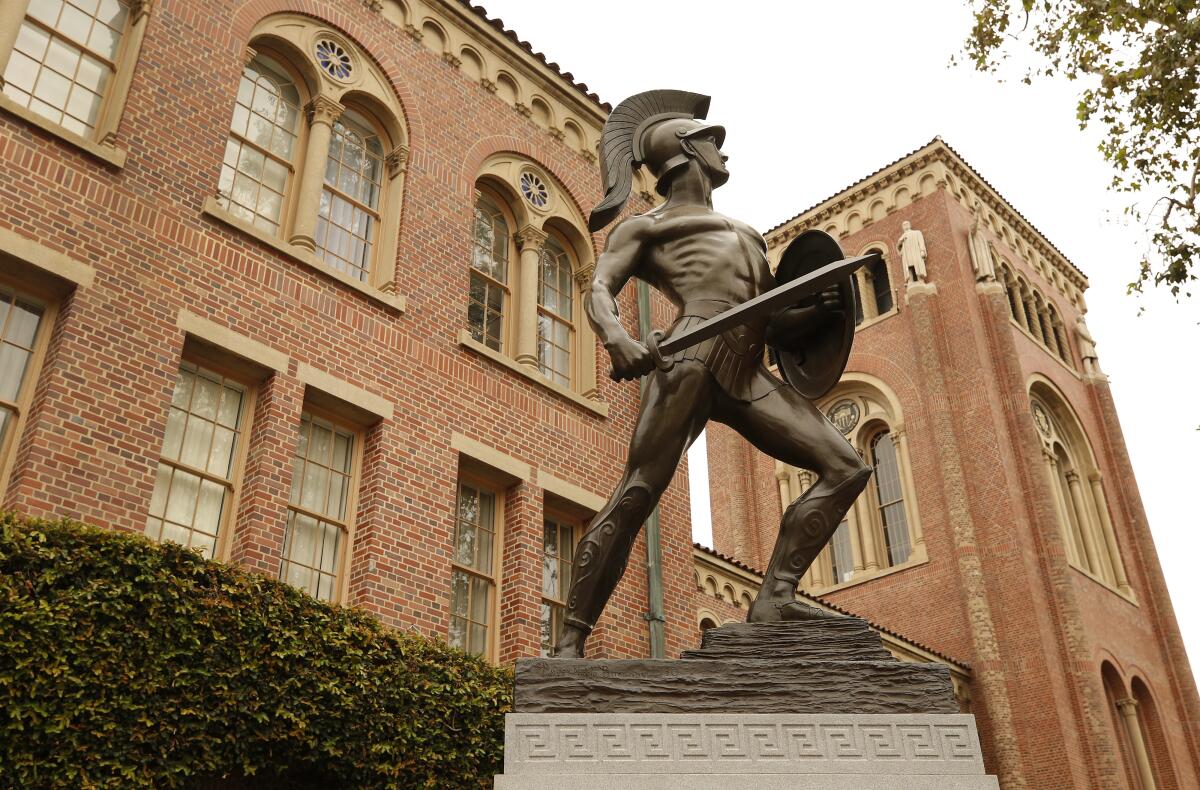 The Tommy Trojan statue at the center of the USC campus