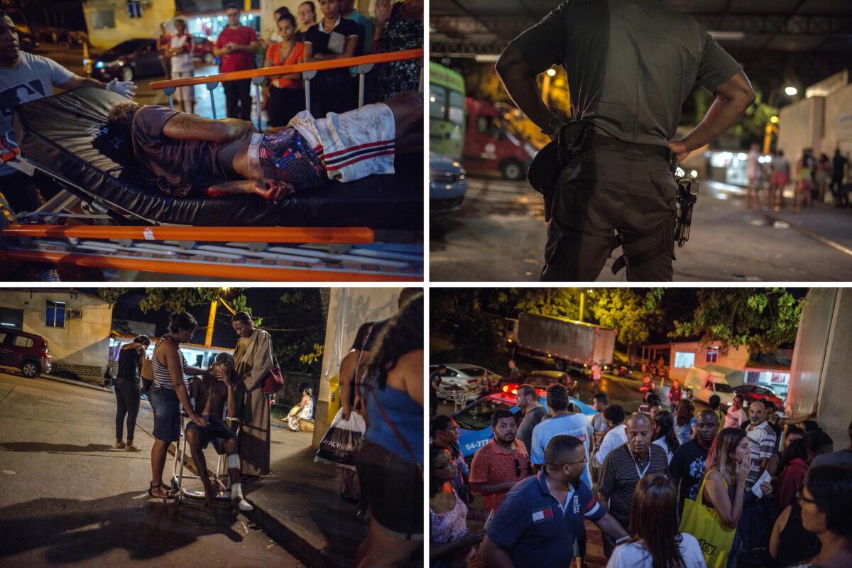 Clockwise from top left, a man wounded by gunfire is taken to Nova Iguacu General Hospital, where police arrive to watch over prisoners and gunshot victims. Outside the hospital, people await news about their relatives.
