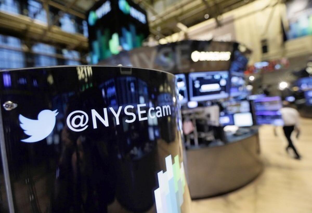 The Twitter logo is seen at the New York Stock Exchange.
