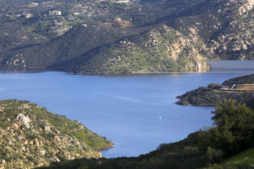 LAKESIDE, CA: FEBRUARY 8, 2017 | San Vicente Reservoir. The San Diego Water Authority has turned down water from the Metropolitan Water District of Southern California because we currently have what we need - Completion in 2014 added 52,000 acre-feet of emergency water storage and 100,000 acre-feet of carryover storage to collect water in wet periods for use in dry years to the reservoir. | Photo by Howard Lipin/San Diego Union-Tribune/Mandatory Credit: HOWARD LIPIN SAN DIEGO UNION-TRIBUNE/ZUMA PRESS